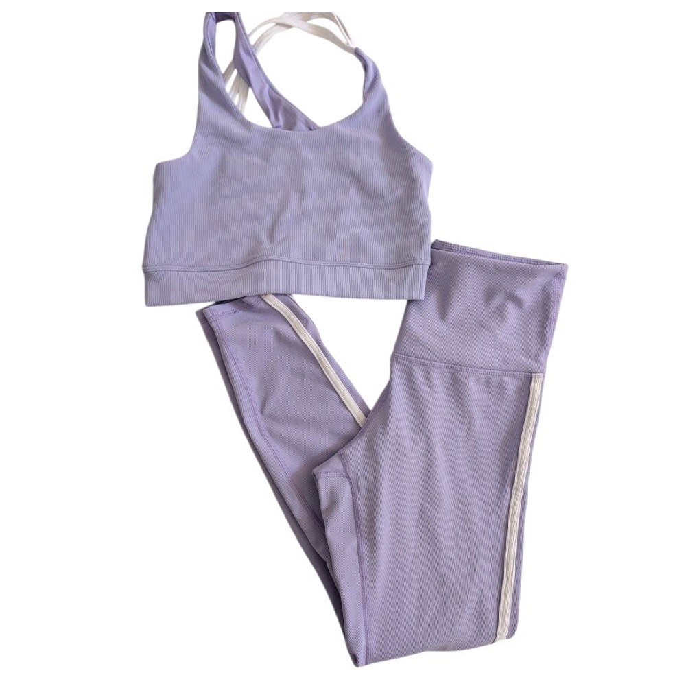 Move Theology Purple Ribbed Workout Set Bra Top Leggings S Athleisure‎